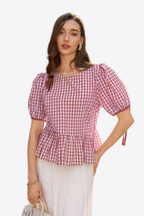 Womens Wine Red Puff Sleeve Gingham Blouse | CicyBell