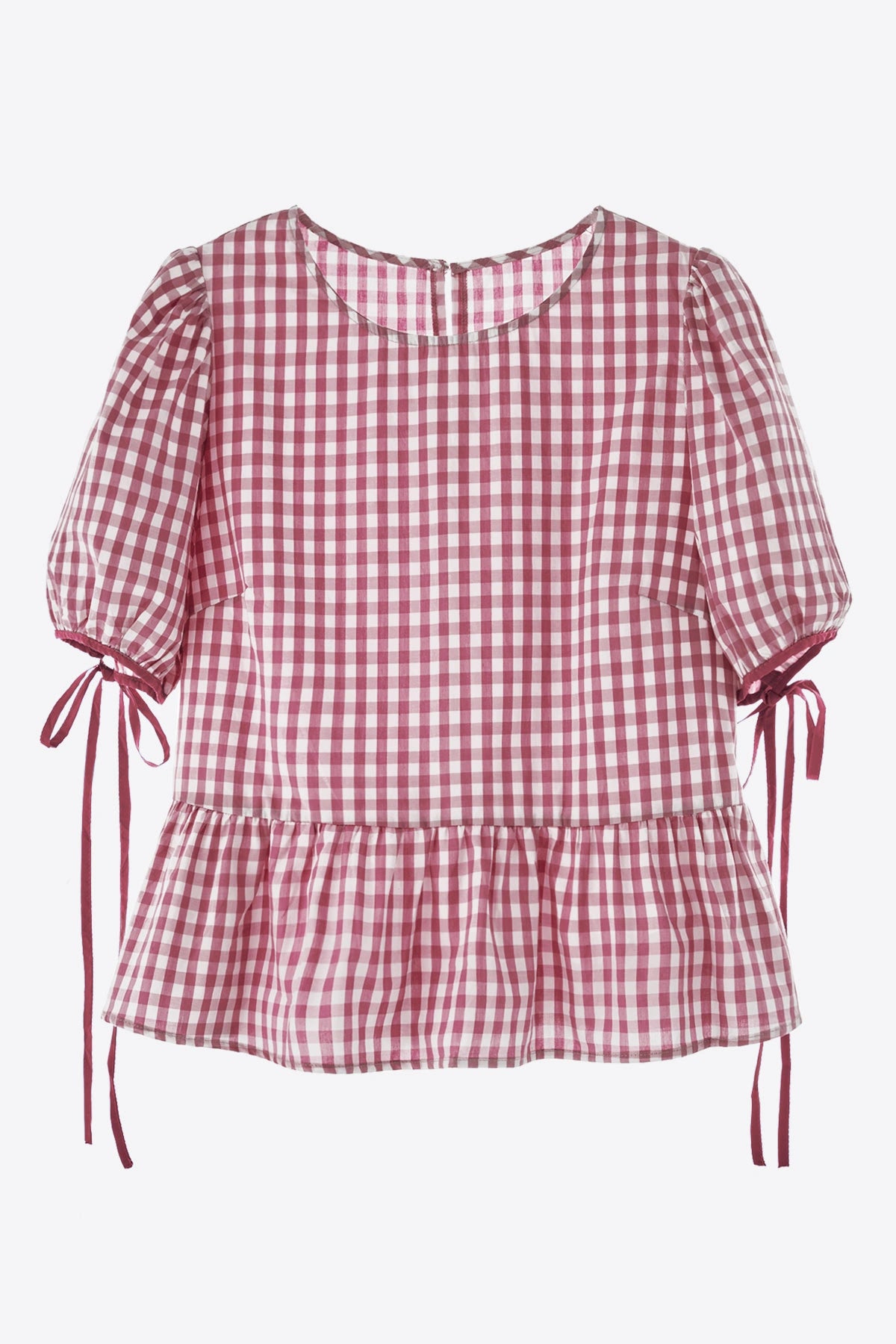 Womens Wine Red Puff Sleeve Gingham Blouse | CicyBell