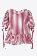 Womens Wine Red Puff Sleeve Gingham Blouse | CicyBell