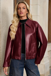 Cicy Bell Womens Wine Red Faux Leather Jacket