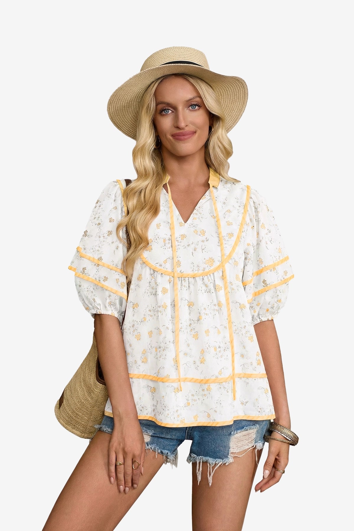 Womens Yellow Floral Babydoll Blouse | CicyBell