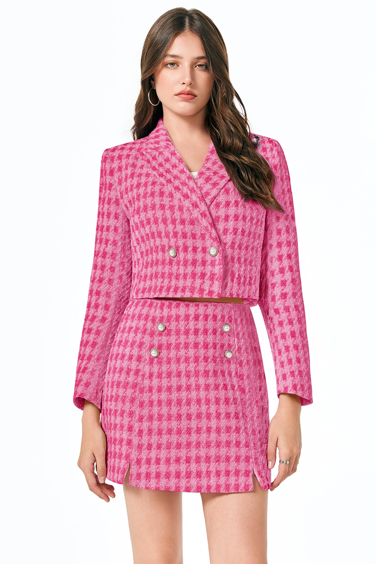 Cicy Bell Womens Bright Pink Cropped Tweed Blazer Sets