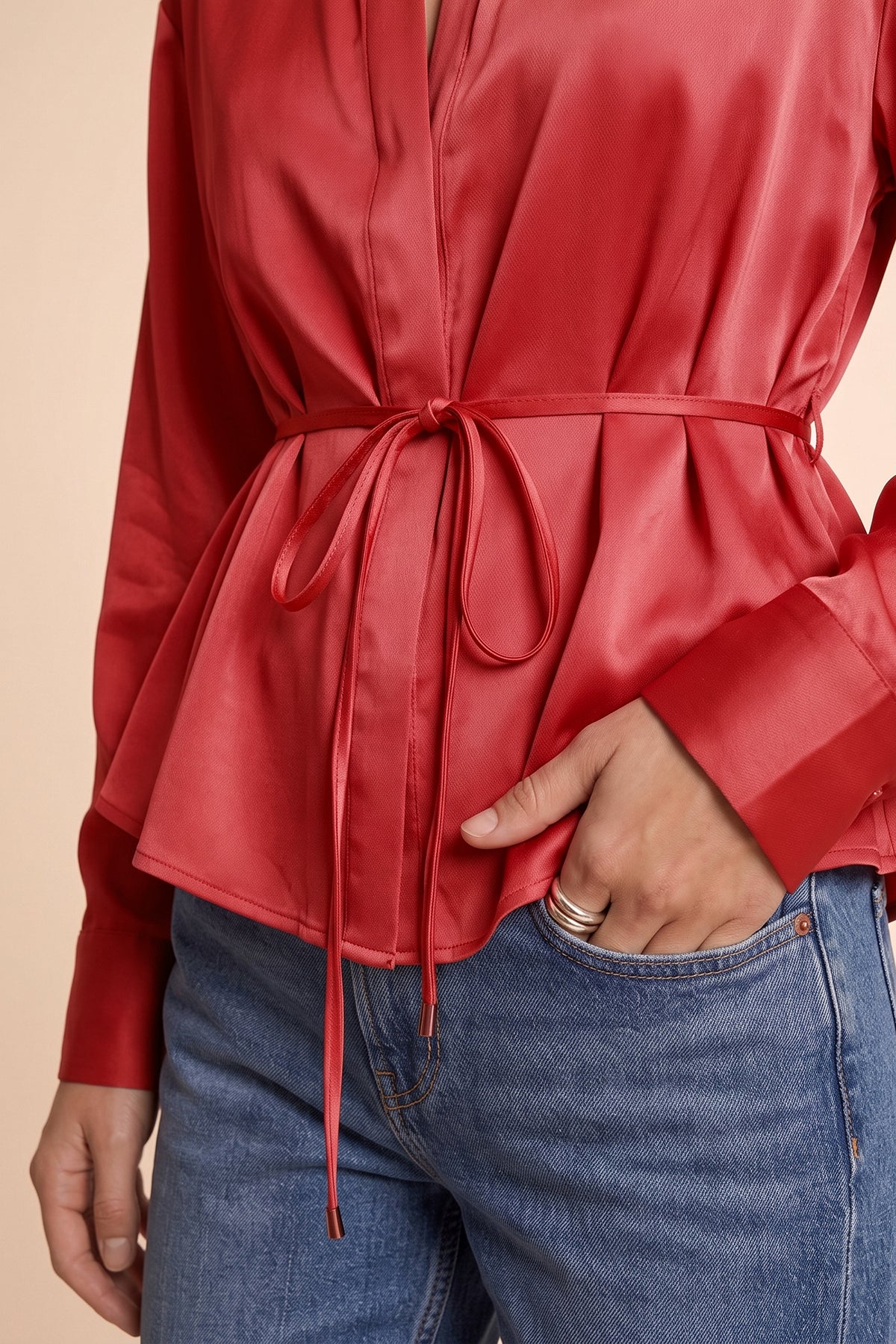 Womens Red Satin Button Down Shirts | CicyBell