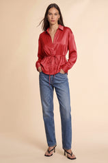 Womens Red Satin Button Down Shirts | CicyBell