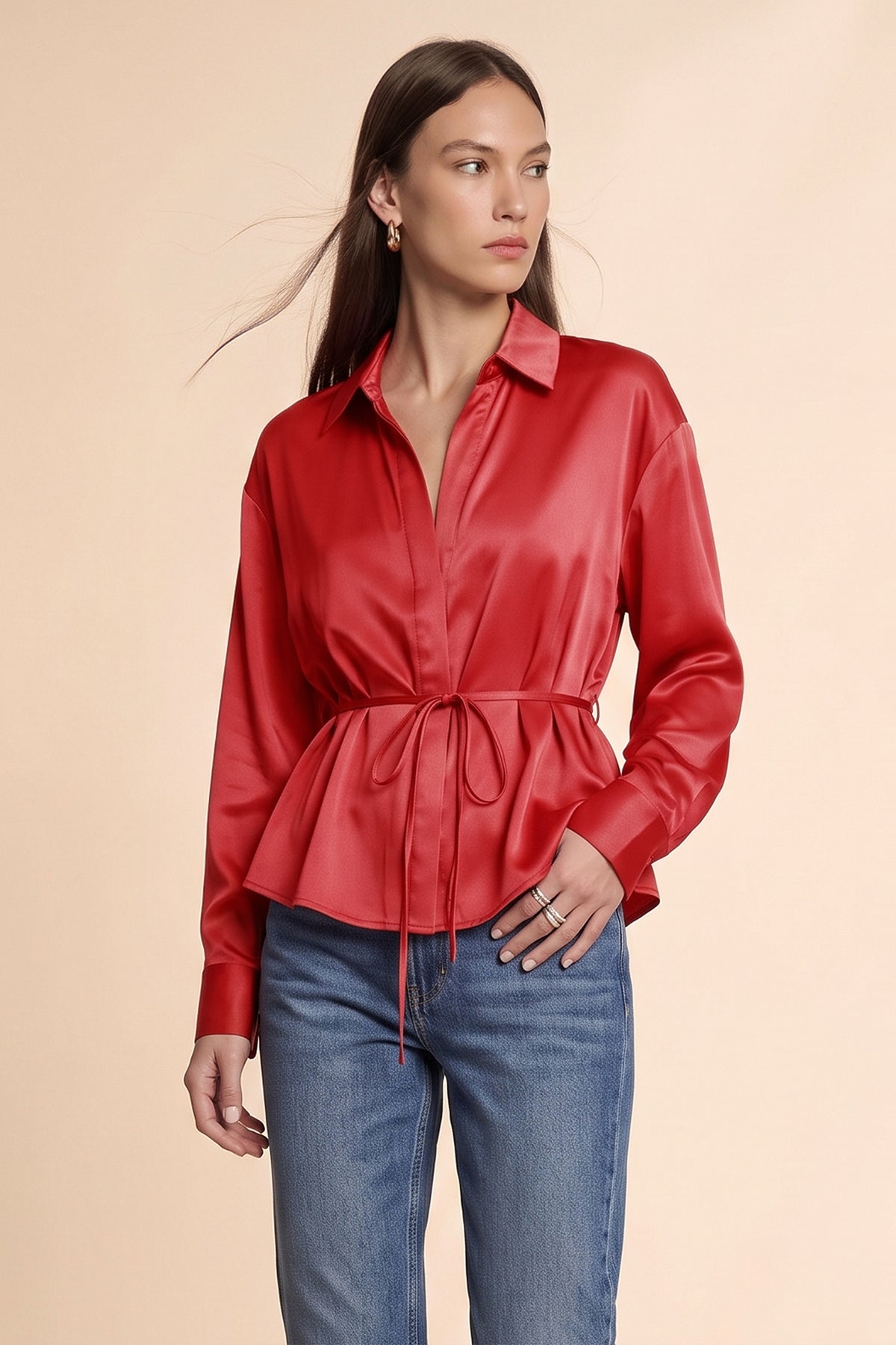 Womens Red Satin Button Down Shirts | CicyBell
