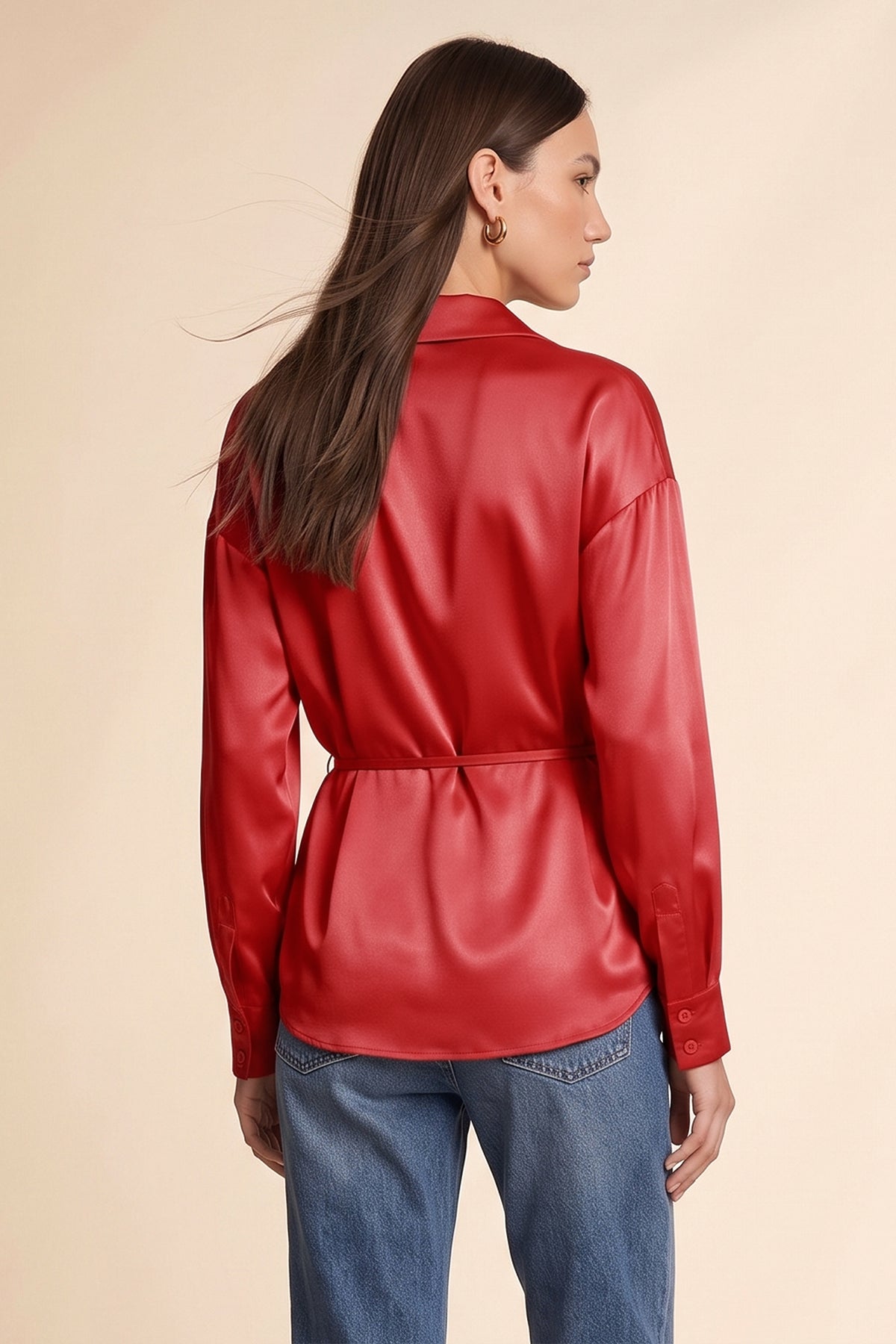 Womens Red Satin Button Down Shirts | CicyBell