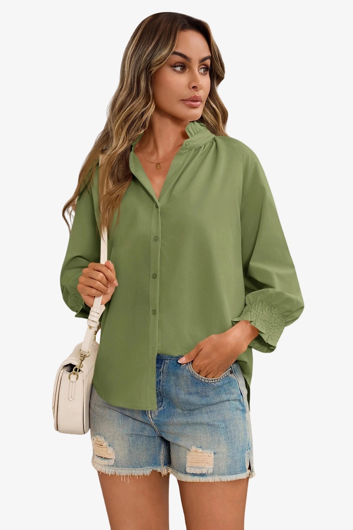Cicy Bell Womens Army Green Button Down Shirts