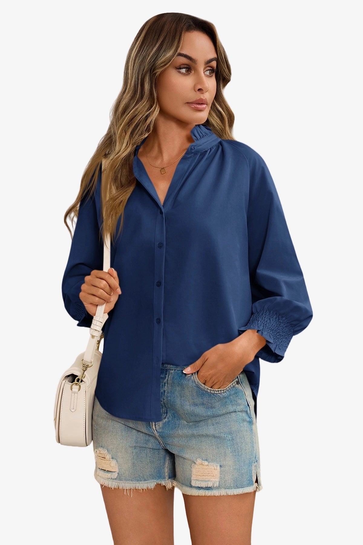 Cicy Bell Womens Navy Button Down Shirts
