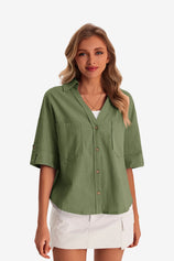 Womens Army Green Short Sleeve Button Down Shirts | CicyBell