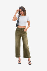 Womens Army Green Cropped High Waisted Baggy Jeans | CicyBell