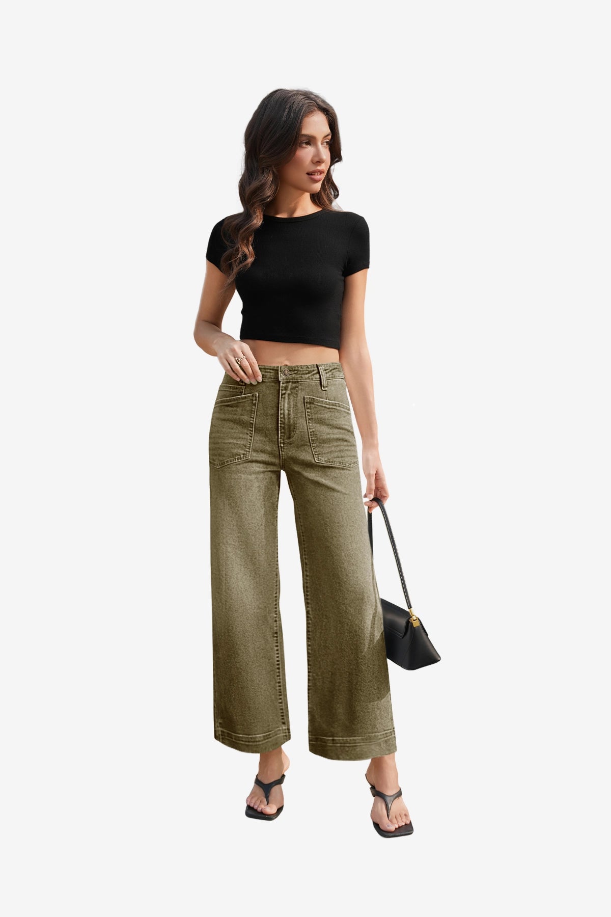 Womens Army Green Cropped High Waisted Baggy Jeans | CicyBell