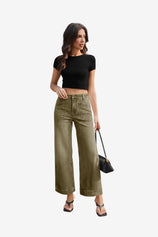 Womens Army Green Cropped High Waisted Baggy Jeans | CicyBell