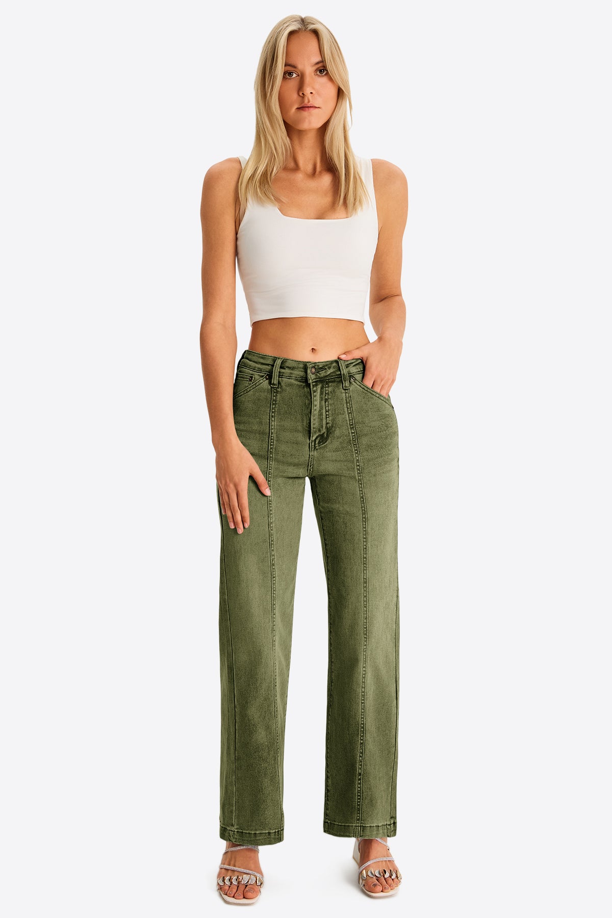 Womens Army Green High Waisted Baggy Jeans | CicyBell