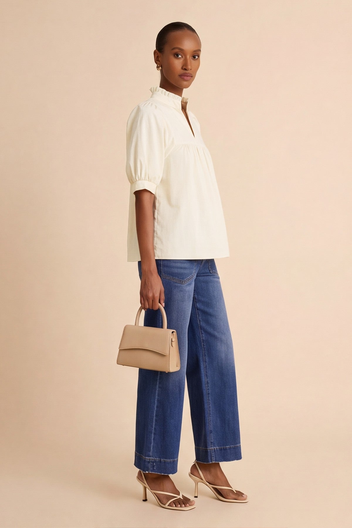 Womens Beige Puff Sleeve V Neck Blouse | CicyBell