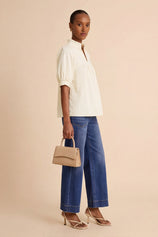 Womens Beige Puff Sleeve V Neck Blouse | CicyBell