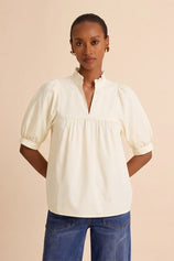 Womens Beige Puff Sleeve V Neck Blouse | CicyBell