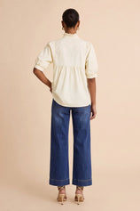 Womens Beige Puff Sleeve V Neck Blouse | CicyBell