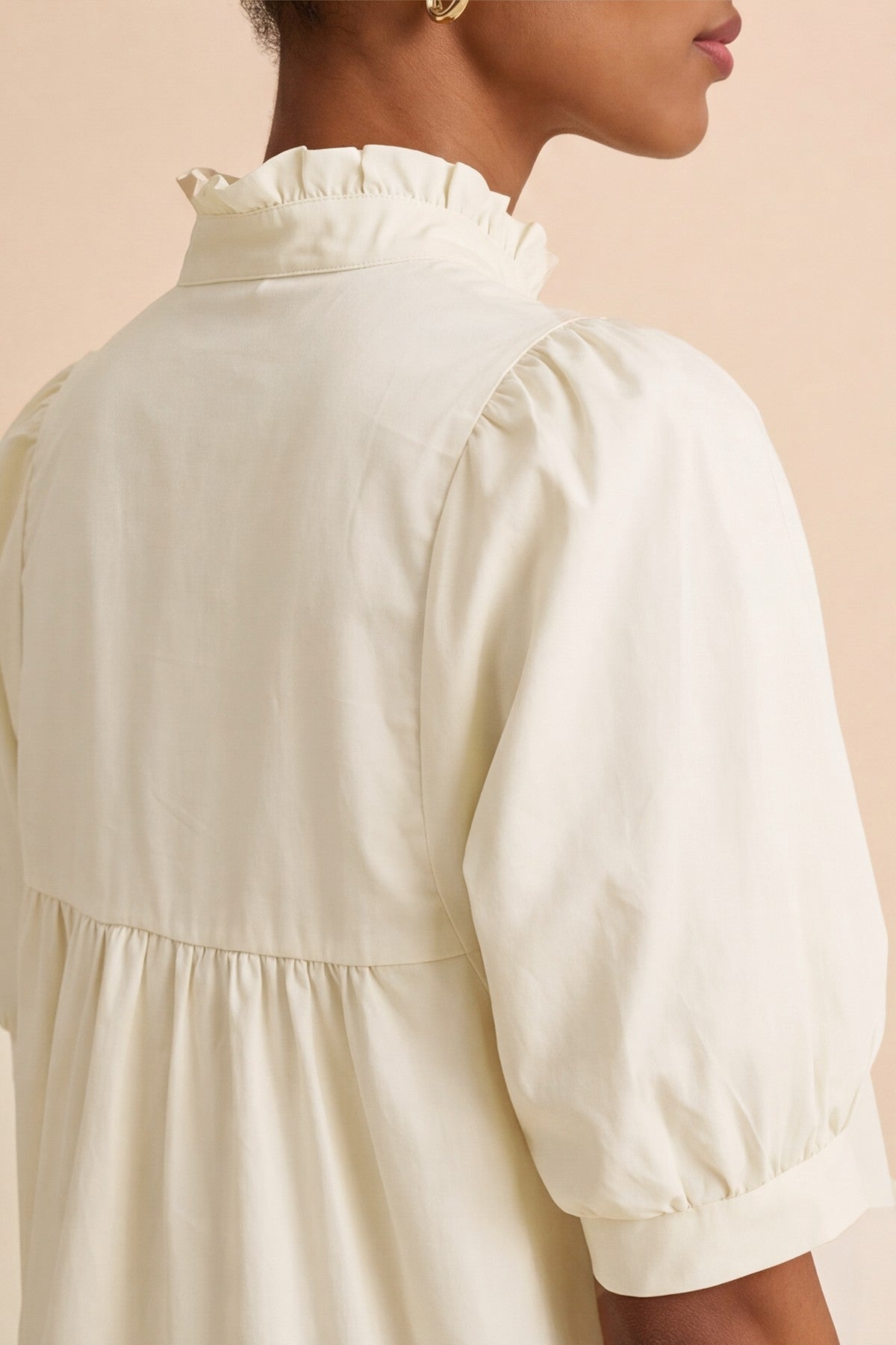 Womens Beige Puff Sleeve V Neck Blouse | CicyBell