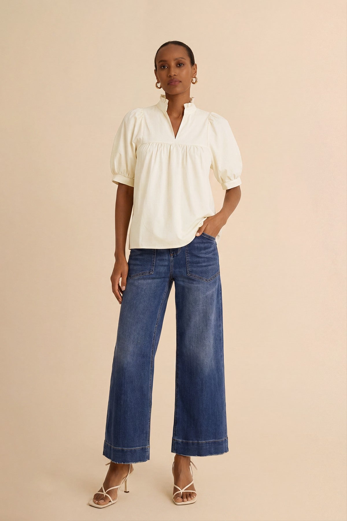 Womens Beige Puff Sleeve V Neck Blouse | CicyBell