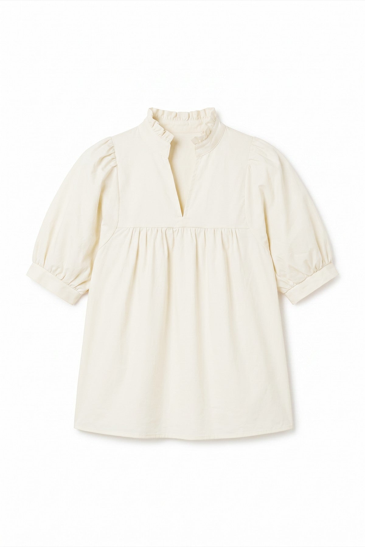 Womens Beige Puff Sleeve V Neck Blouse | CicyBell