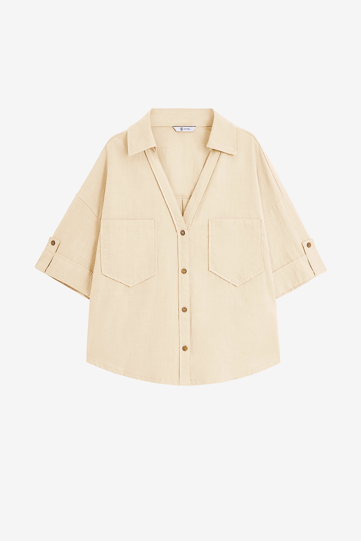 Womens Beige Short Sleeve Button Down Shirts | CicyBell