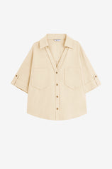 Womens Beige Short Sleeve Button Down Shirts | CicyBell