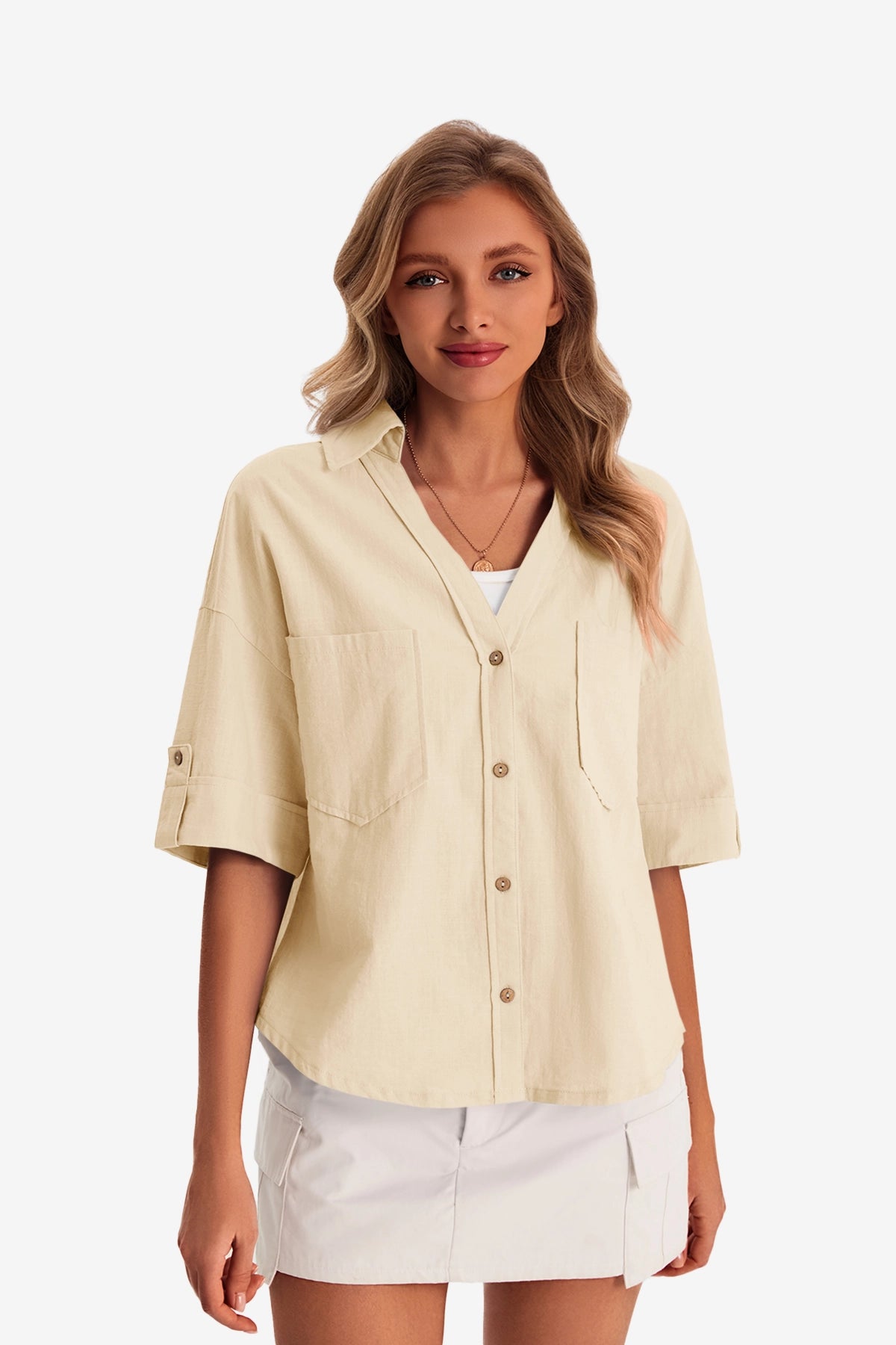 Womens Beige Short Sleeve Button Down Shirts | CicyBell
