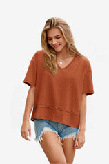 Womens Brick Red Summer V Neck T Shirts | CicyBell