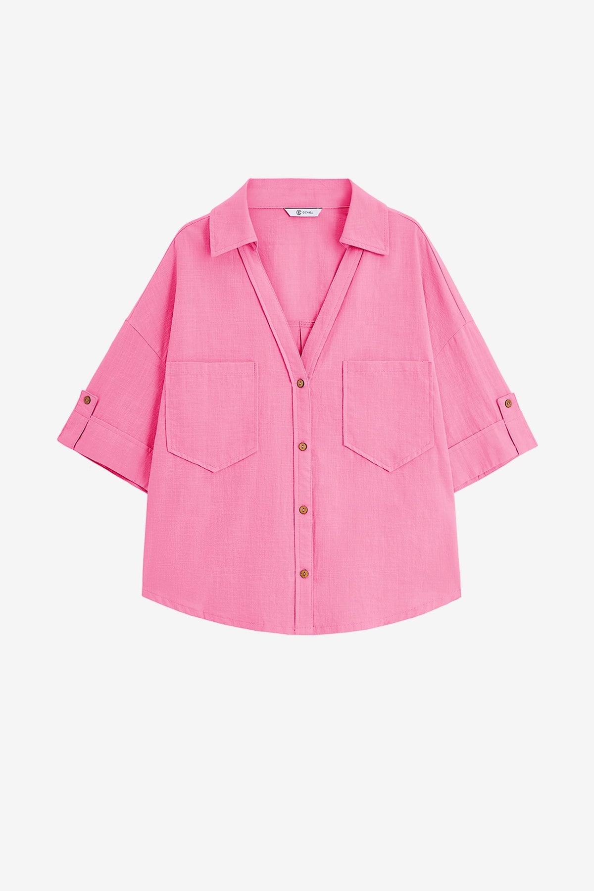 Womens Bright Pink Short Sleeve Button Down Shirts | CicyBell