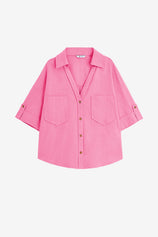 Womens Bright Pink Short Sleeve Button Down Shirts | CicyBell