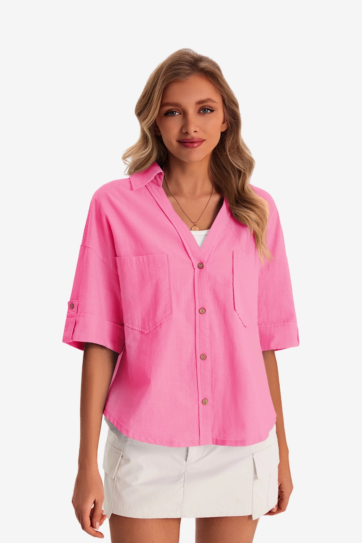 Womens Bright Pink Short Sleeve Button Down Shirts | CicyBell