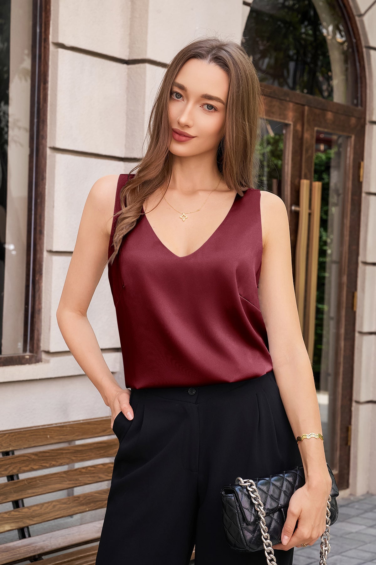 Womens Burgundy V Neck Satin Tank Tops  | CicyBell