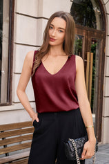 Womens Burgundy V Neck Satin Tank Tops  | CicyBell