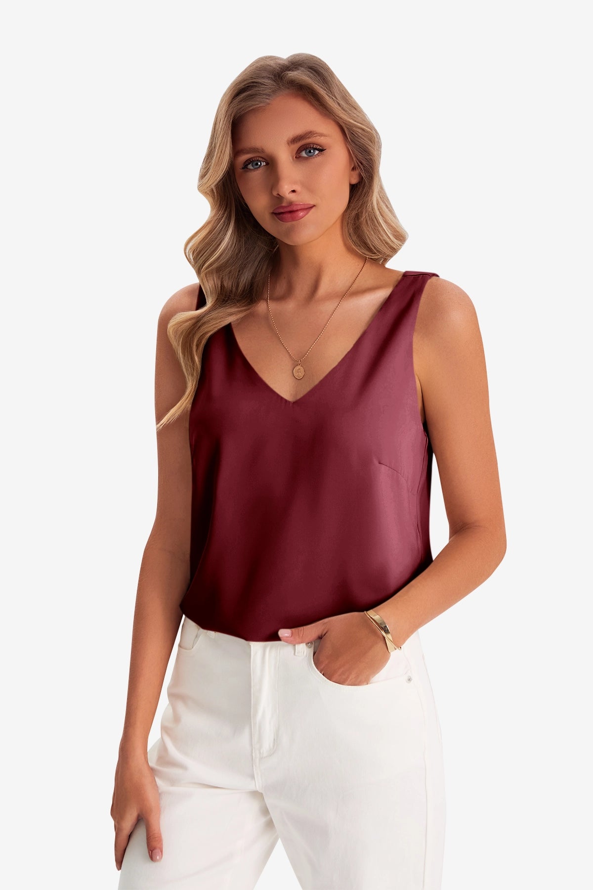 Womens Burgundy V Neck Satin Tank Tops  | CicyBell