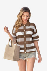 Womens Coffee Half Sleeve Button up Tops | CicyBell