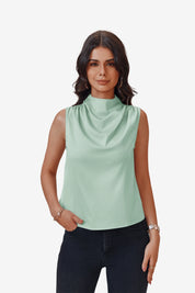Womens Cyan Blue Mock Neck Satin Tank Tops | CicyBell