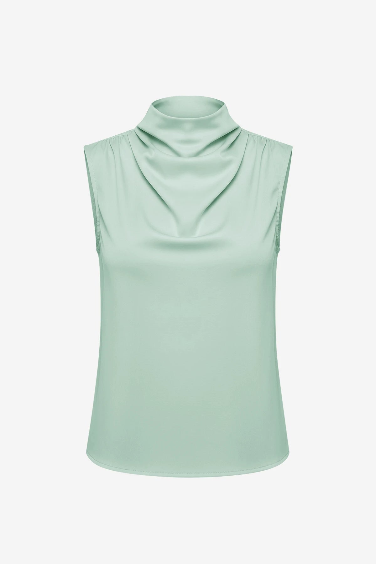 Womens Cyan Blue Mock Neck Satin Tank Tops | CicyBell