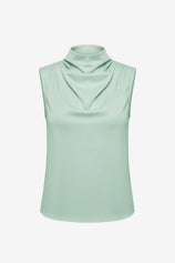 Womens Cyan Blue Mock Neck Satin Tank Tops | CicyBell