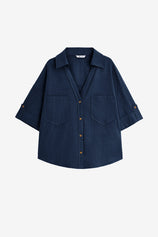 Womens Dark Blue Short Sleeve Button Down Shirts | CicyBell