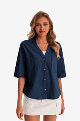 Womens Dark Blue Short Sleeve Button Down Shirts | CicyBell