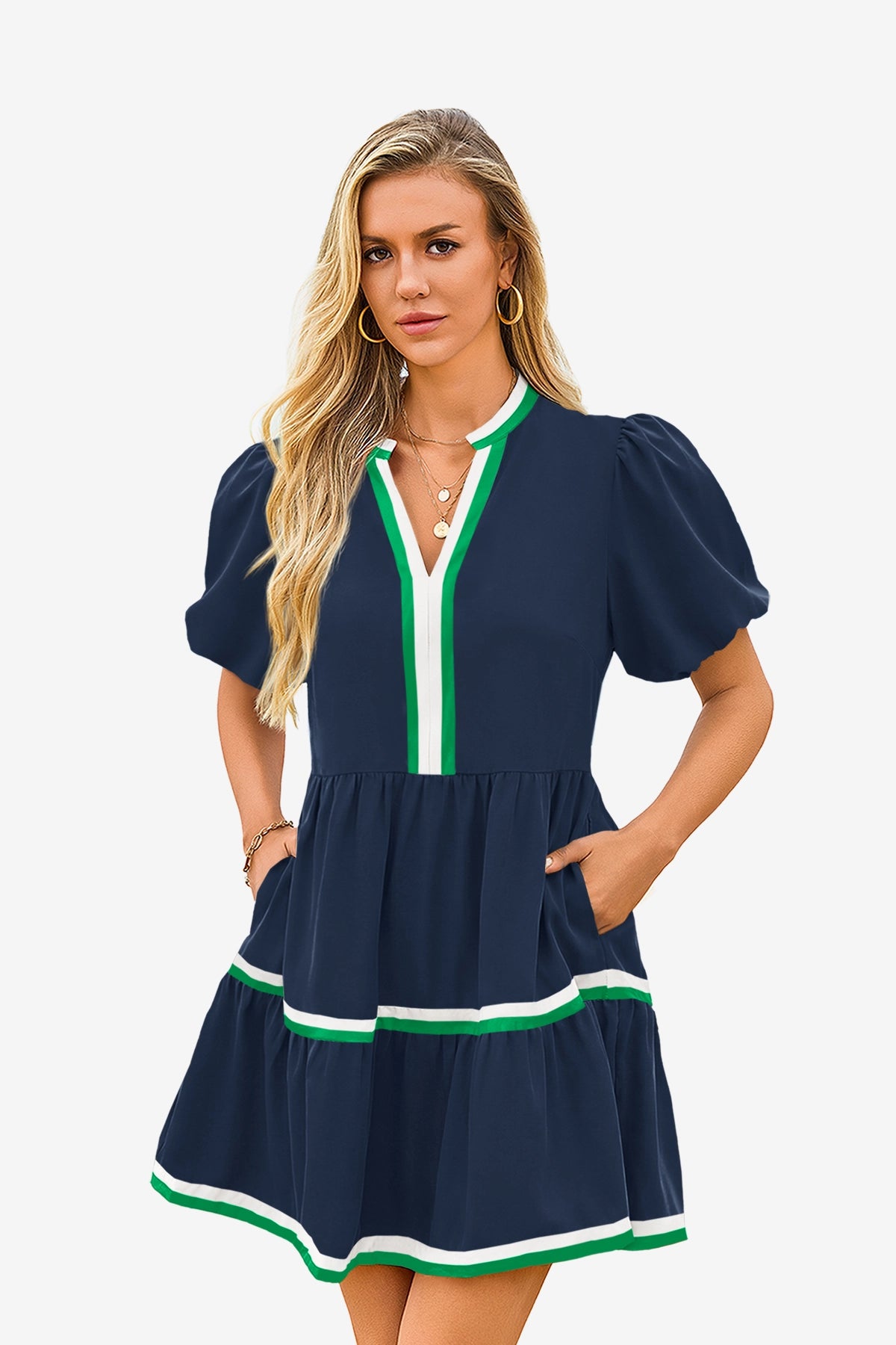 Womens Dark Blue V Neck Floral Mini Dress  | CicyBell