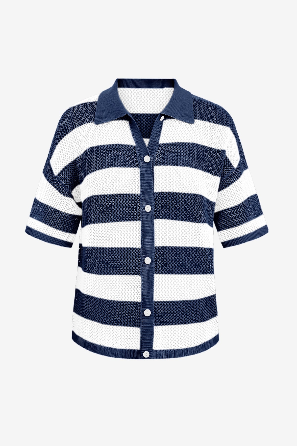Womens Dark Blue Half Sleeve Button up Tops | CicyBell