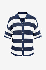 Womens Dark Blue Half Sleeve Button up Tops | CicyBell