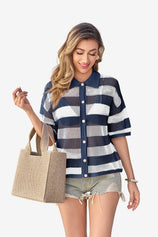 Womens Dark Blue Half Sleeve Button up Tops | CicyBell