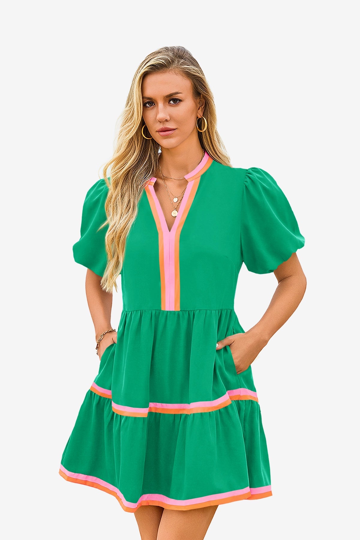 Womens Green V Neck Floral Mini Dress  | CicyBell