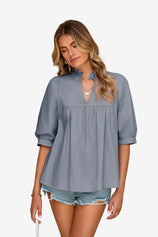 Womens Grey Puff Sleeve V Neck Blouse | CicyBell