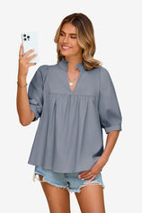 Womens Grey Puff Sleeve V Neck Blouse | CicyBell
