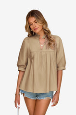 Womens Khaki Puff Sleeve V Neck Blouse | CicyBell
