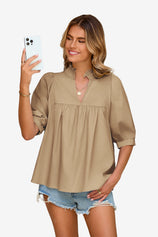 Womens Khaki Puff Sleeve V Neck Blouse | CicyBell