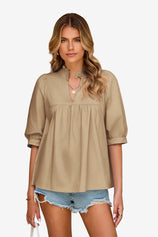 Womens Khaki Puff Sleeve V Neck Blouse | CicyBell